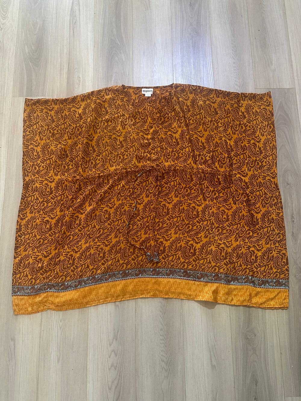 Darn Good Yarn Recycled Silk Sari Kaftan Dress Orange Brown Paisley